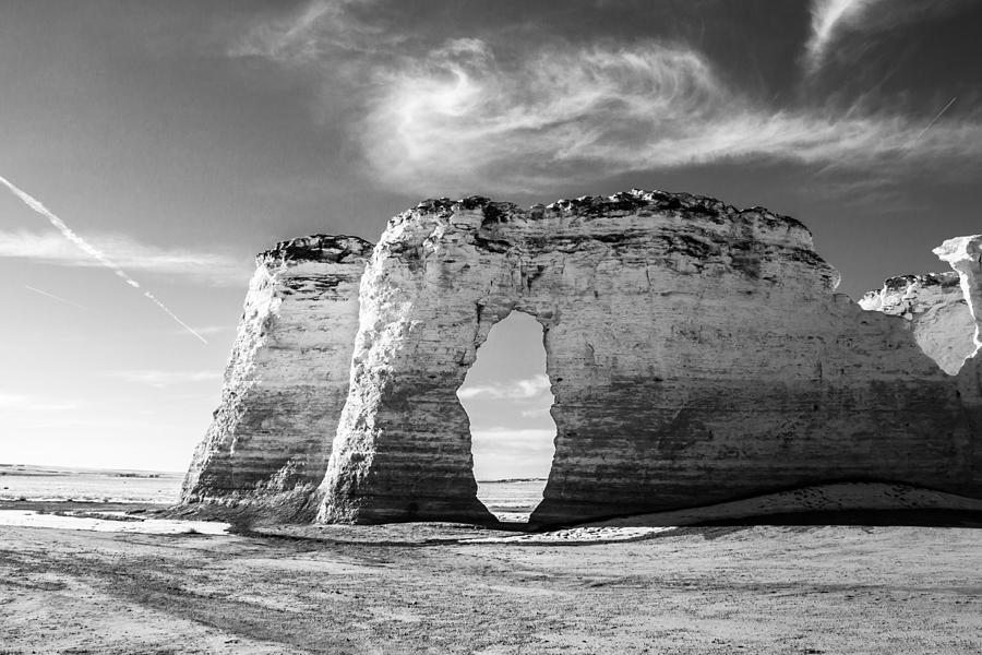Black And White Photograph - Monument Rocks in winter sky by Ellie Teramoto