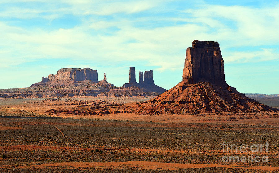 Monument Valley Arizona Red Sandstone Monoliths Rising Up Above Desert Floor Watercolor Digital Art Digital Art by Shawn OBrien