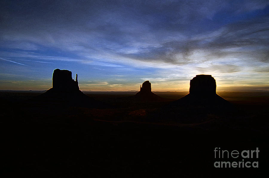 Monument Valley Desert Sunrise and Butte Silhouettes Accented Edges Digital Art Digital Art by Shawn OBrien