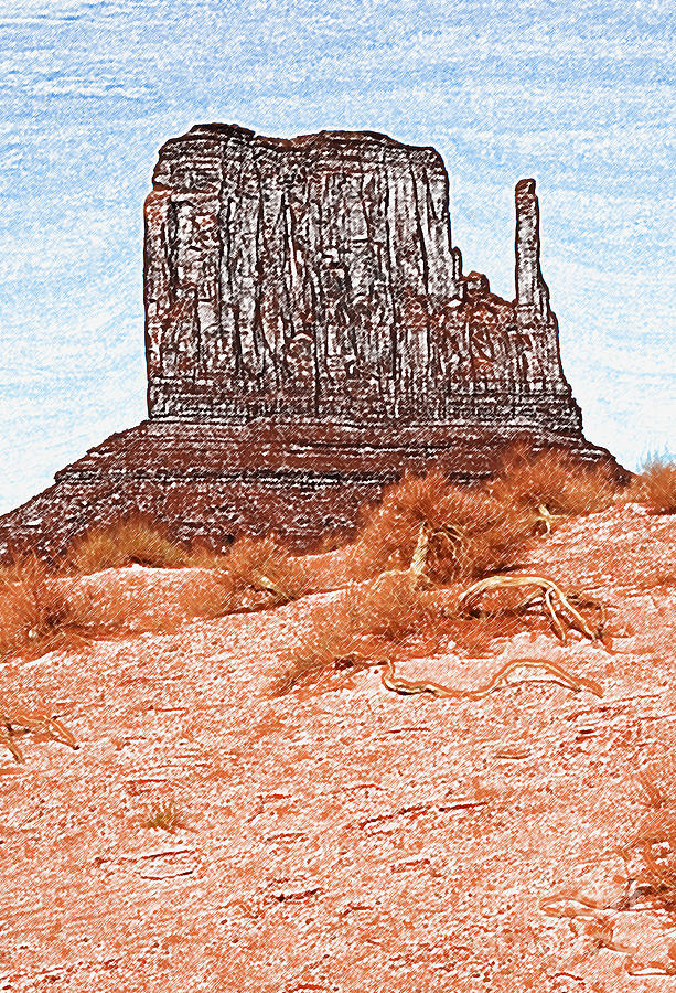 Monument Valley Mitten Monolith Scenic Landscape Vertical Colored Pencil Digital Art Digital Art by Shawn OBrien