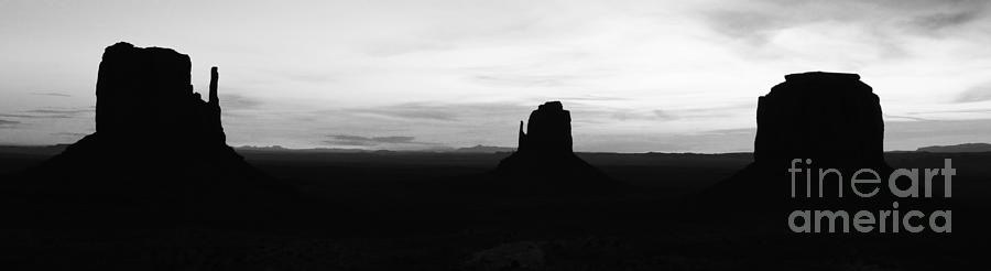 Monument Valley Morning Twilight and Butte Silhouettes Arizona Black and White Panoramic Photograph by Shawn OBrien