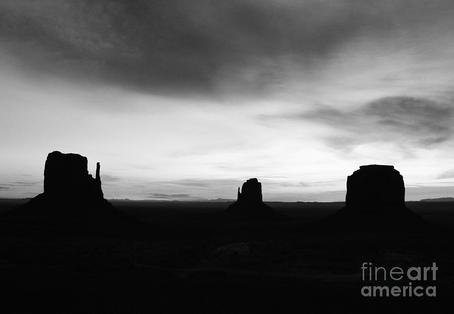 Monument Valley Morning Twilight and Butte Silhouettes Arizona Black and White Photograph by Shawn OBrien