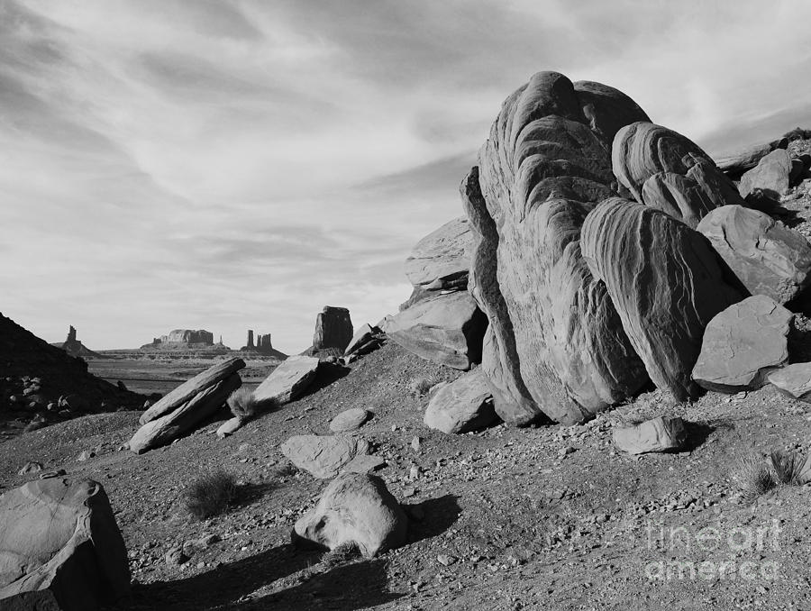 Desert Photograph - Monument Valley Sandstone Boulders Scenic Black and White by Shawn OBrien
