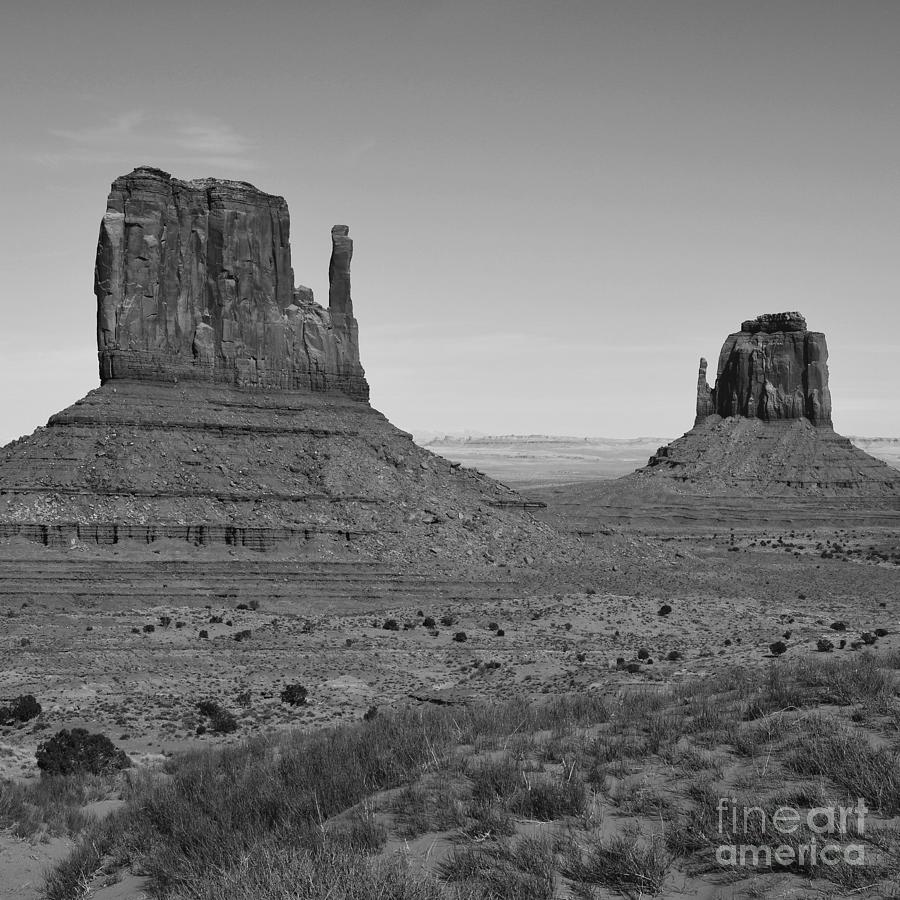 Monument Valley Sandstone Monoliths aka the Mittens Black and White Square Format Photograph by Shawn OBrien