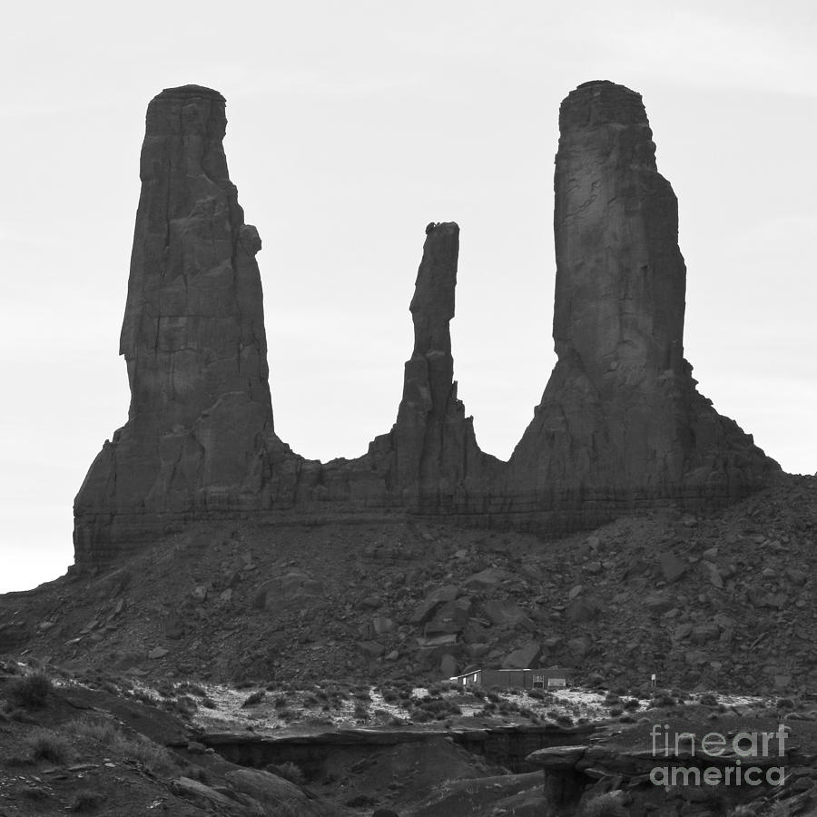 Monument Valley Three Sisters Formation Black and White Square Format Photograph by Shawn OBrien