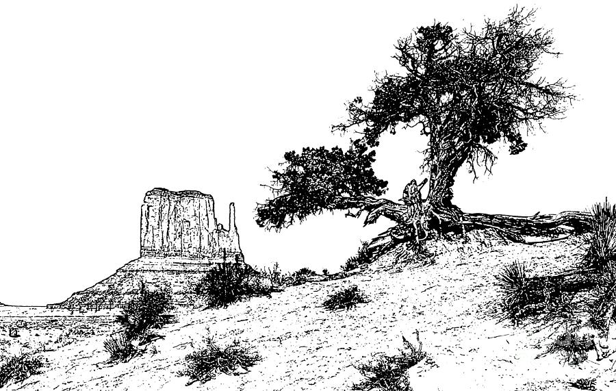 Monument Valley Tree and Monolith Scenic Landscape Black and White Stamp Digital Art Digital Art by Shawn OBrien
