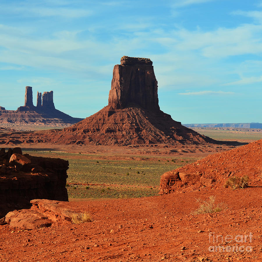 Monument Valley Utah Sanstone Butte Rising Up Above Desert Plain Square Format Photograph by Shawn OBrien