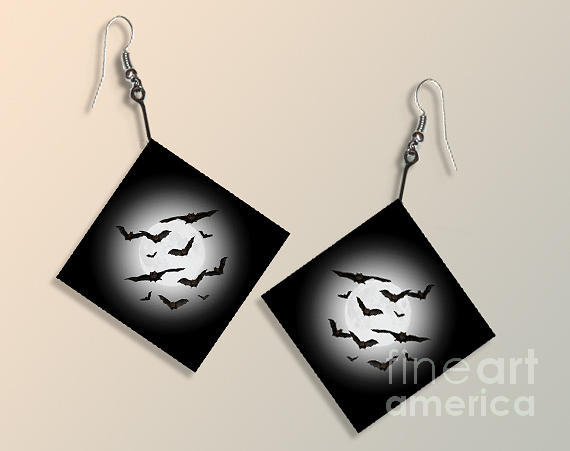 Halloween Earrings Digital Art - Moon and Bat Paper Earrings by Melissa A Benson