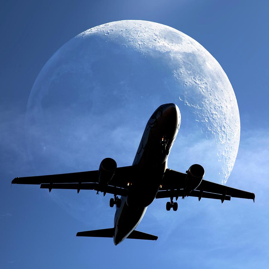 Space Photograph - Moon And Passenger Plane by Detlev Van Ravenswaay