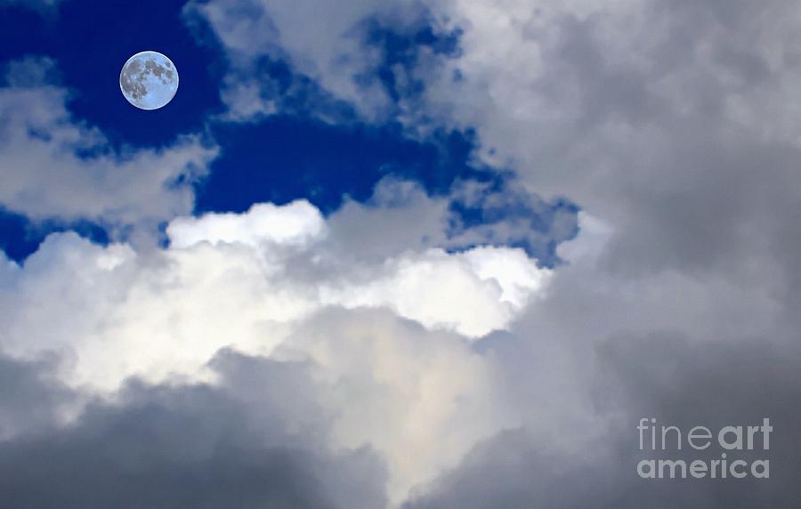 Moon - Fluffy Clouds -Vivid Blue Sky Photograph by Barbara A Griffin