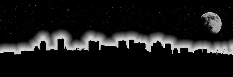 Moon Over Boston Skyline in Black and White Photograph by Joann Vitali