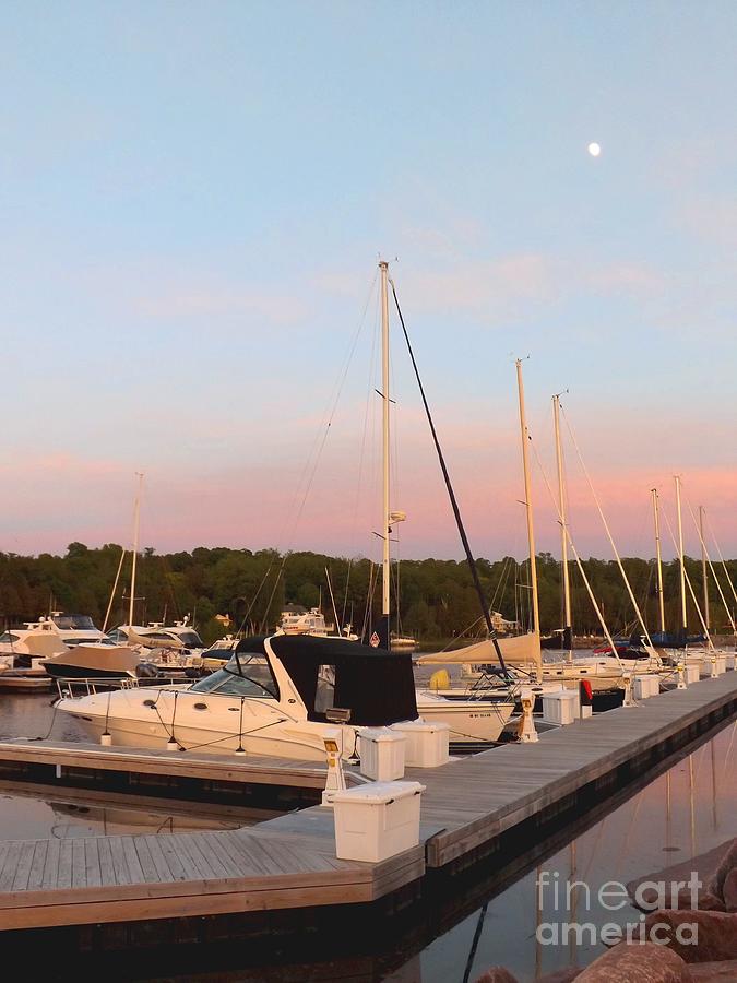 Sunset Photograph - Moon Over Egg Harbor Marina by Deb Schense