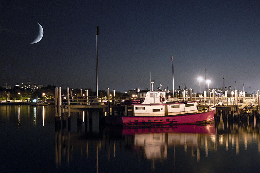 Boat Photograph - Moon over Marina 2 - Sheepshead Bay Brooklyn New York by Gary Heller