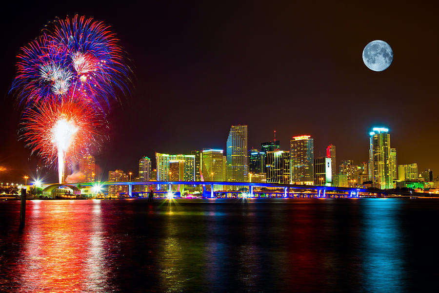 Moon And Fireworks Over Miami Photograph By Derek Latta