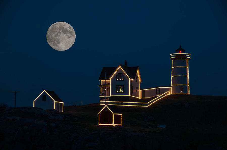 Moon Over Nubble Light Photograph by Guy Whiteley