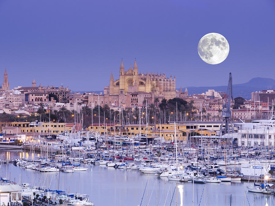 Moon over Palma Cathedral, Mallorca, Spain Photograph by Travelpix Ltd