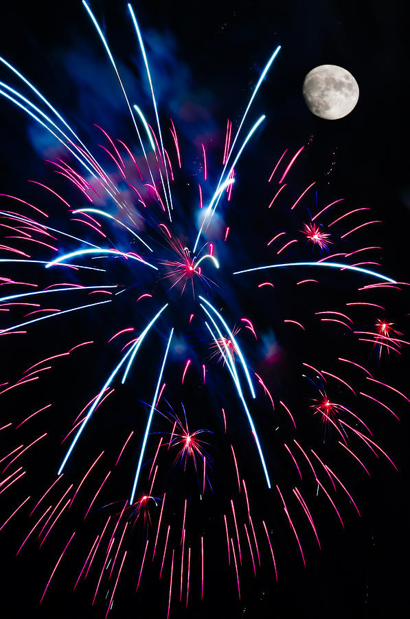 Moon over Red White and Blue Starburst- July Fourth - Fireworks Photograph by Penny Lisowski