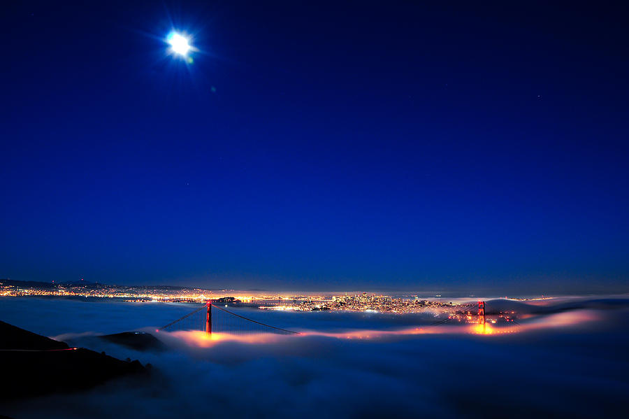 Moon over San Francisco in Fog Photograph by Joel Thai