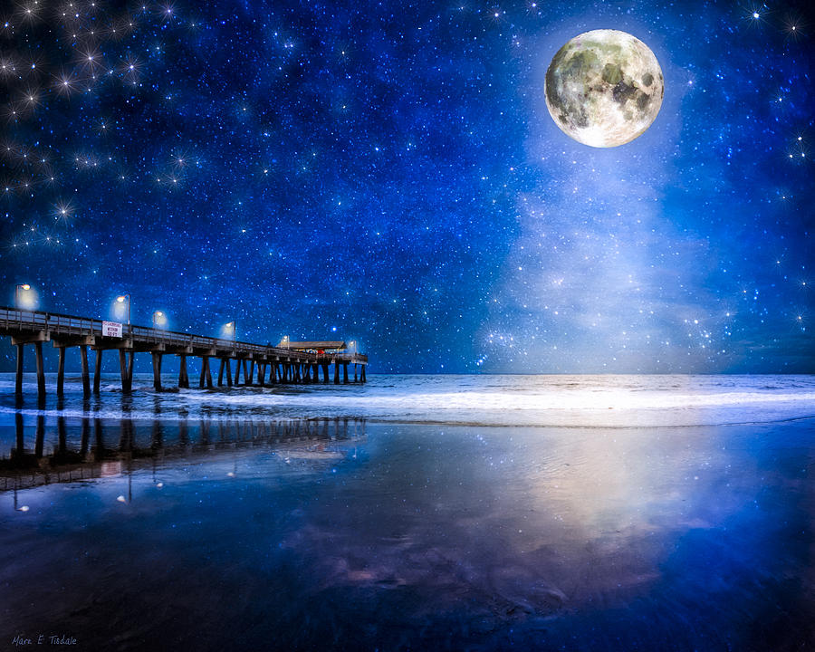 Pier Photograph - Moon Over The Beach At Tybee Island by Mark Tisdale