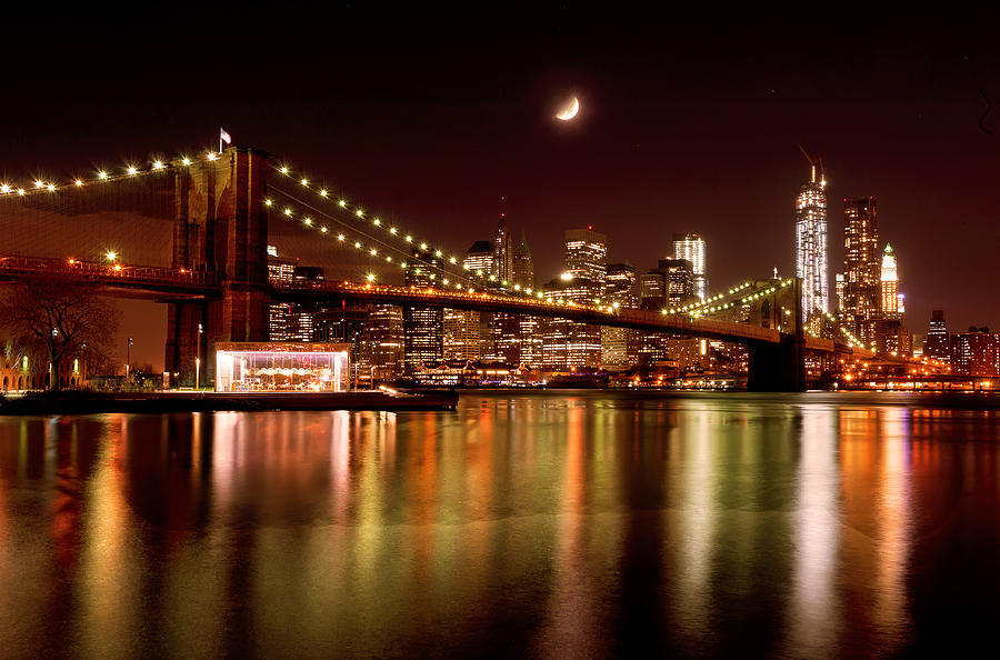 Moon Over the Brooklyn Bridge Photograph by Mitchell R Grosky