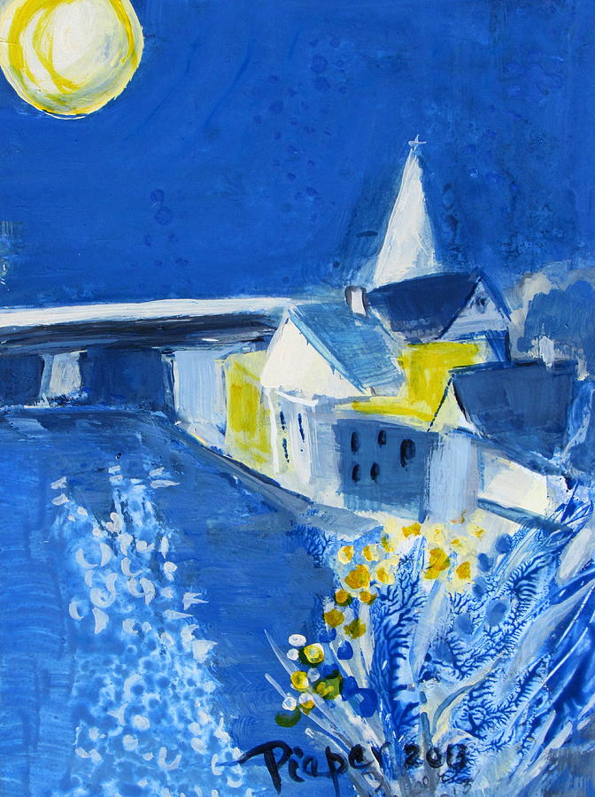 Moon Over Waterfront Buildings Painting by Betty Pieper