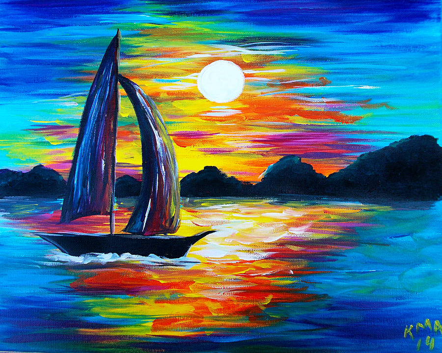Sunset Painting - Moon Rise on the River by Kathryn Awe