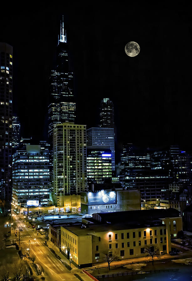 Moon rise over downtown Chicago and the Willis Tower #2 Photograph by Jennifer Rondinelli Reilly - Fine Art Photography
