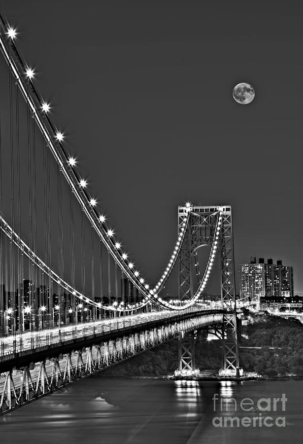 Moon Rise Over The George Washington Bridge Bw Photograph