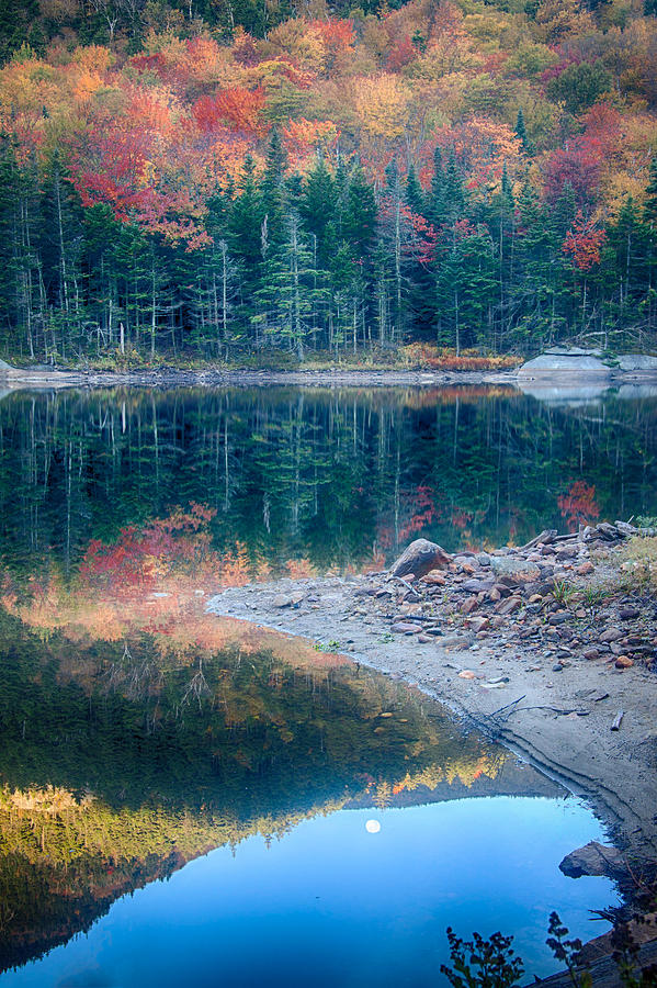 Moon Setting Fall Foliage Reflection Photograph by Jeff Folger