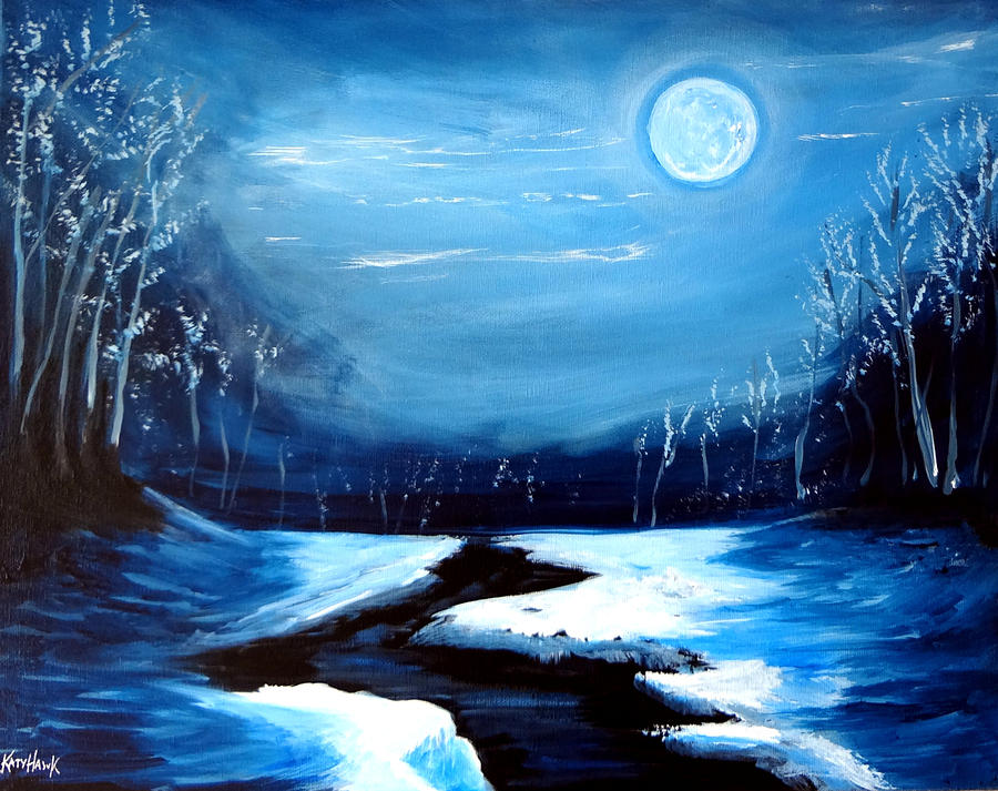 Moon Snow Trees River Winter Painting by Katy Hawk