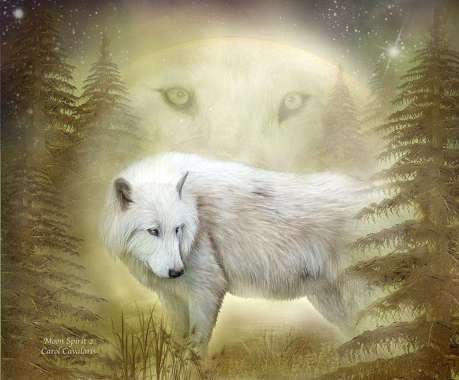 White Wolf Mixed Media - Moon Spirit 2 - White Wolf - Golden by Carol Cavalaris
