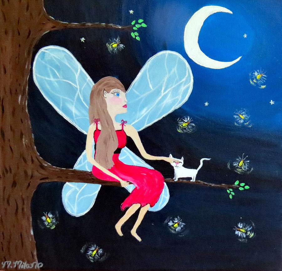 Moonlight Fairy and Fireflies Painting by Art Dingo