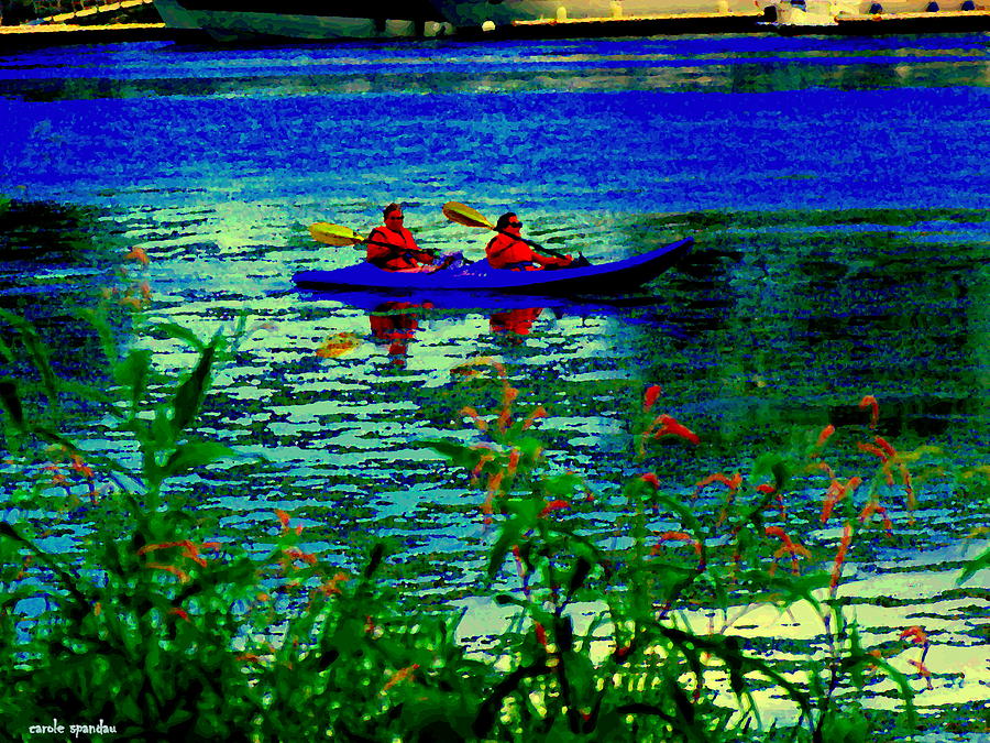 Moonlight Kayak Ride Along The Coastline Of The Lachine Canal Quebec Sea Scenes Carole Spandau Painting by Carole Spandau