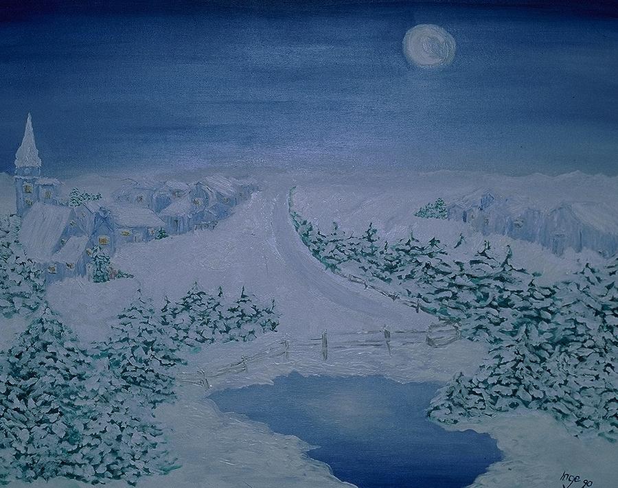 Moonlight over Snowy Austrian Village Painting by Inge Lewis