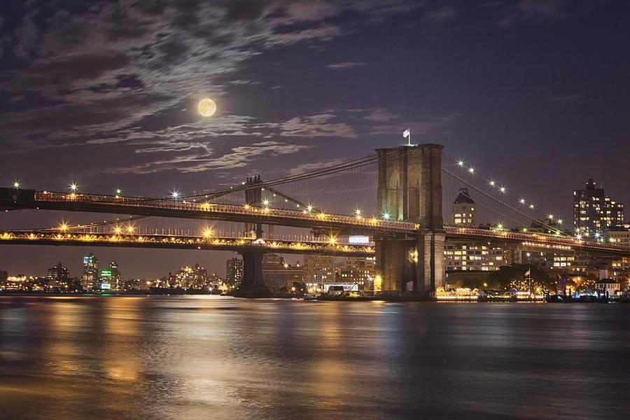 Moonlight Over the Brooklyn Bridge Photograph by Harriet Feagin