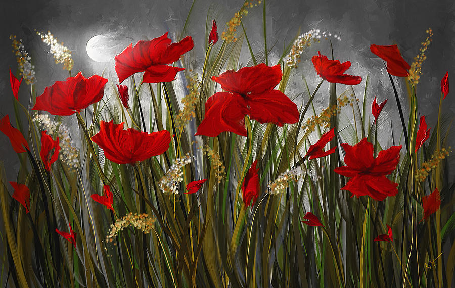 Moonlight Poppies - Poppies At Night Painting Painting by Lourry Legarde