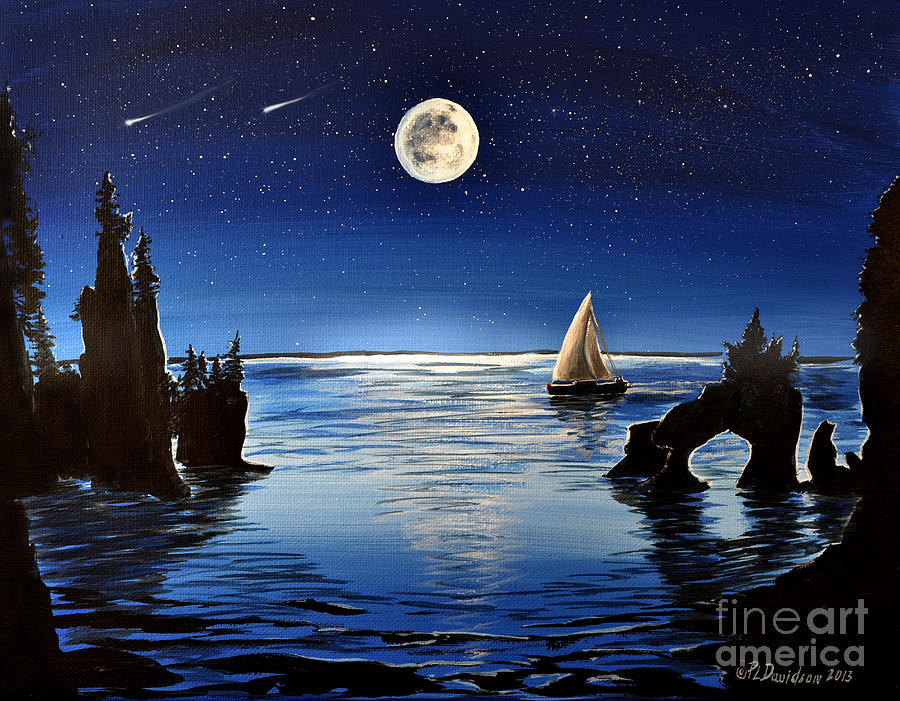 Boat Painting - Moonlight Sailing By Hopewell Rocks by Pat Davidson