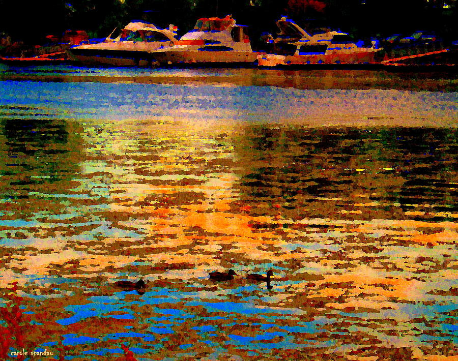 Moonlight Swim Boats And Ducks Navigate North Shore St Lawrence Lachine Canal Quebec Carole Spandau Painting by Carole Spandau