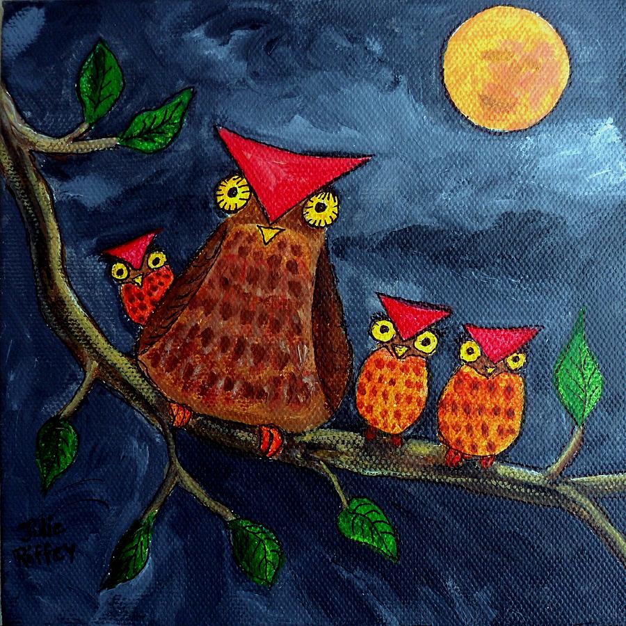Moonlighting - Owl Family - Childrens Art Painting by Julie Brugh Riffey