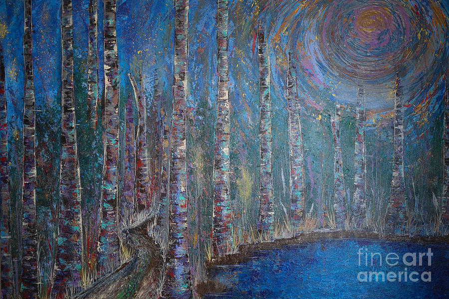Moonlit Birch Path In Blue Painting by Jacqueline Athmann