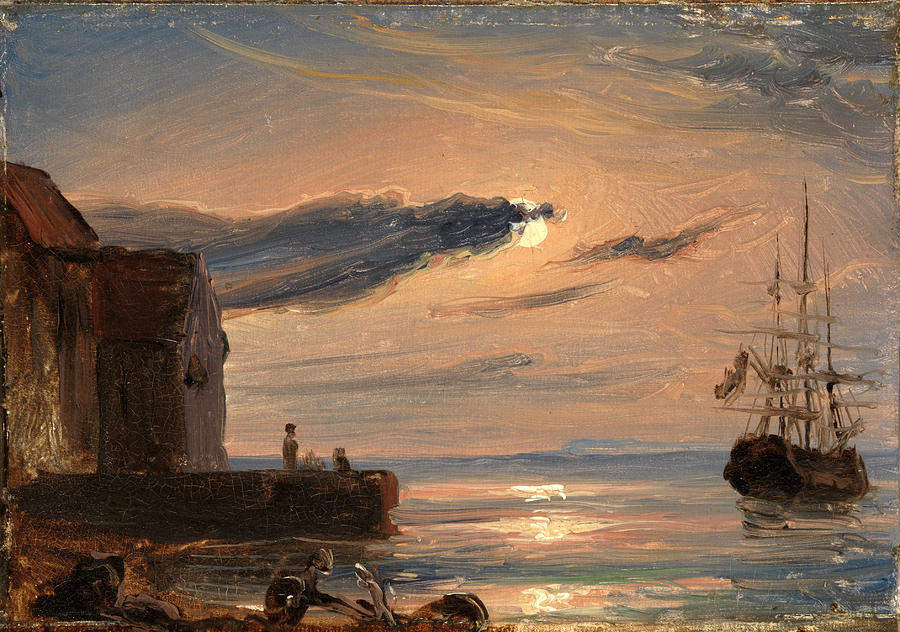 Moonlit Harbor in Southern Italy Painting by Thomas Fearnley
