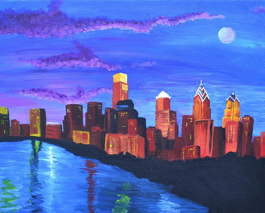 Twilight Landscape Painting - Moonlit Philly by Jennifer Virgin