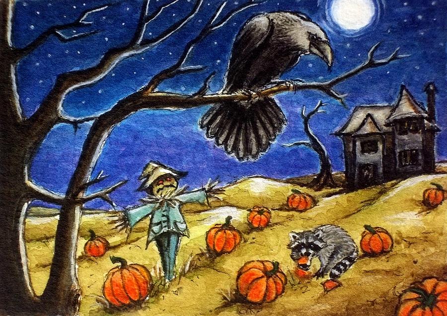 Crow Painting - Moonlit Pumpkin Patch by Debrah Nelson