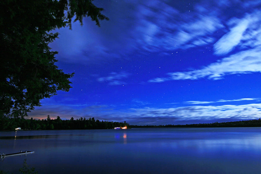 Nature Photograph - Moonlit Wispy Clouds at the Lake by Barbara West
