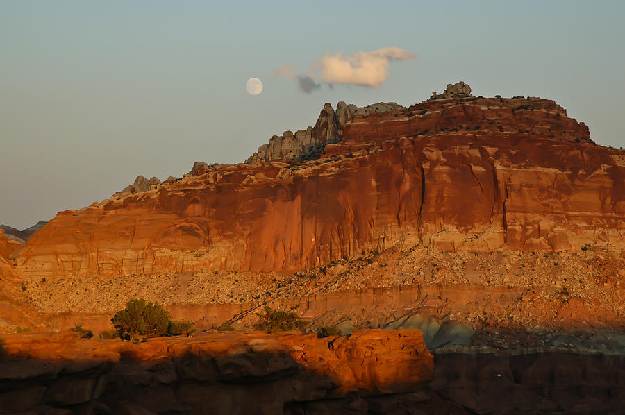 Moonrise and sunset at Capitol Reef 2 Photograph by Lee Kirchhevel