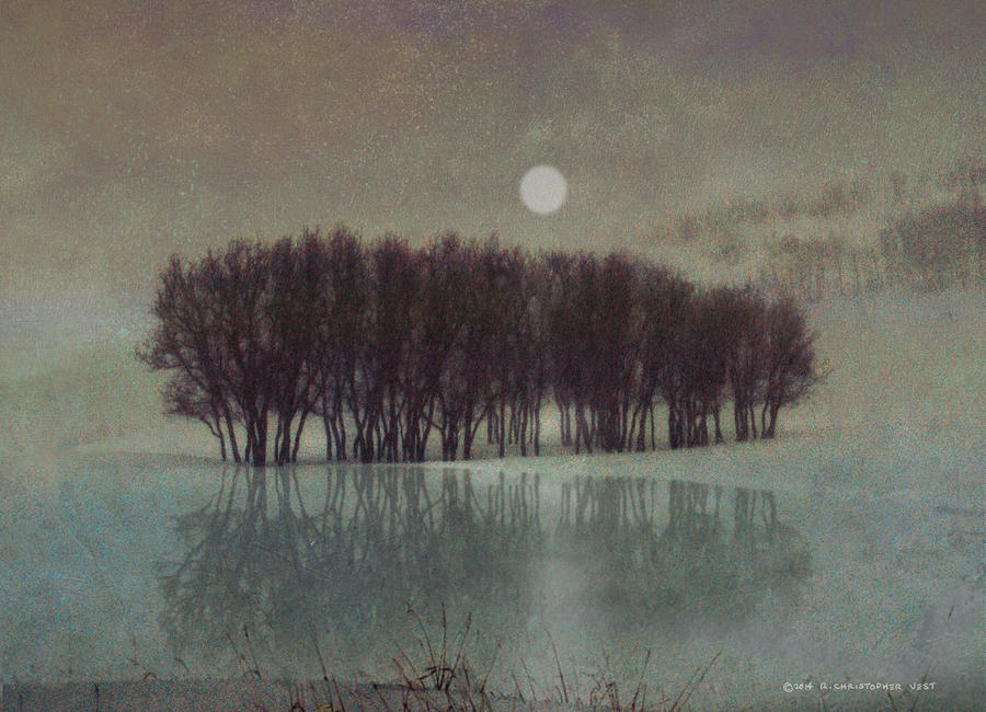 Tree Painting - Moonrise At Icy Pond  by R christopher Vest