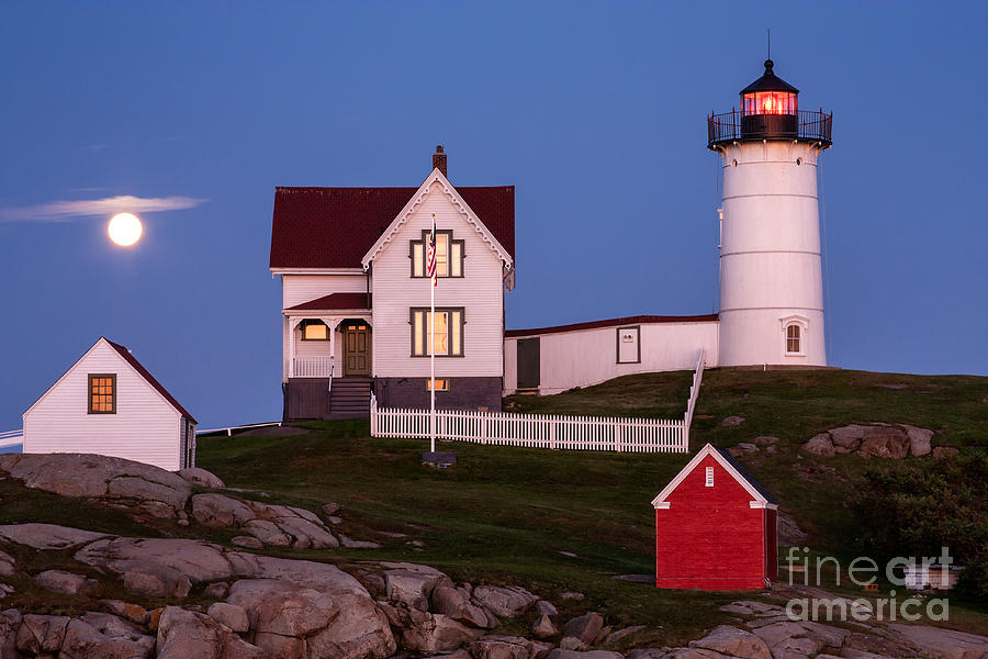 Moonrise at Nubble Light York Maine Photograph by Dawna Moore Photography
