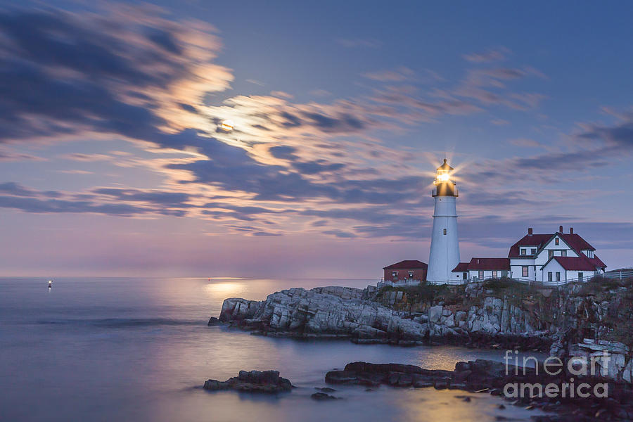 Moonrise at Portland Head Light Photograph by Susan Cole Kelly
