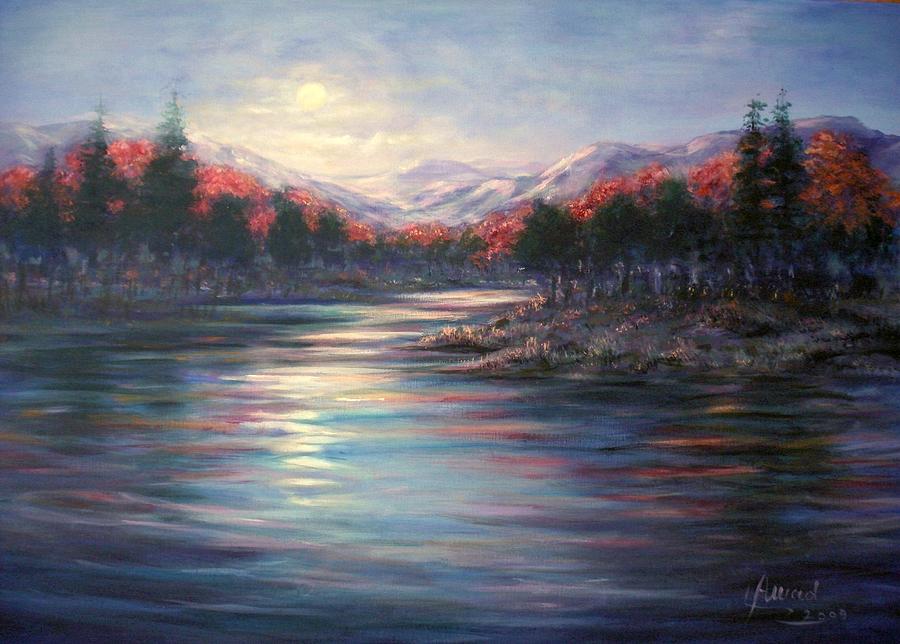 Moonrise on the lake#2 Painting by Laila Awad Jamaleldin
