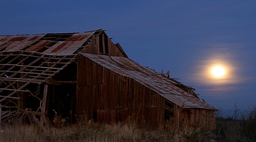 Farm Photograph - Moonrise Over Decrepit Barn by Robert Woodward